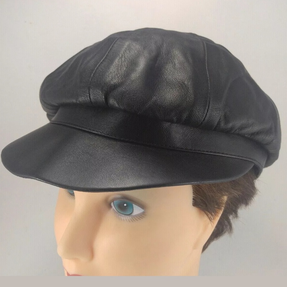 VTG Vera Pelle Cabbie Hat Black Leather Italy